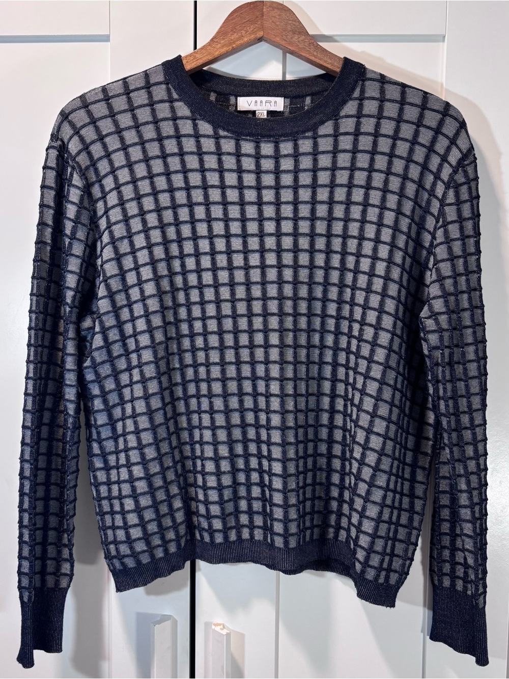 VAARA Sweater Womens 2XL Navy Gray Grid Check Textured Knit Pullover Crewneck